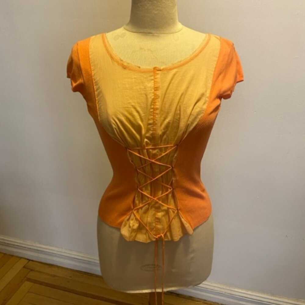 Colour Eighteen mixed media rib & lawn cap sleeve scoop neck corset sweater NWOT